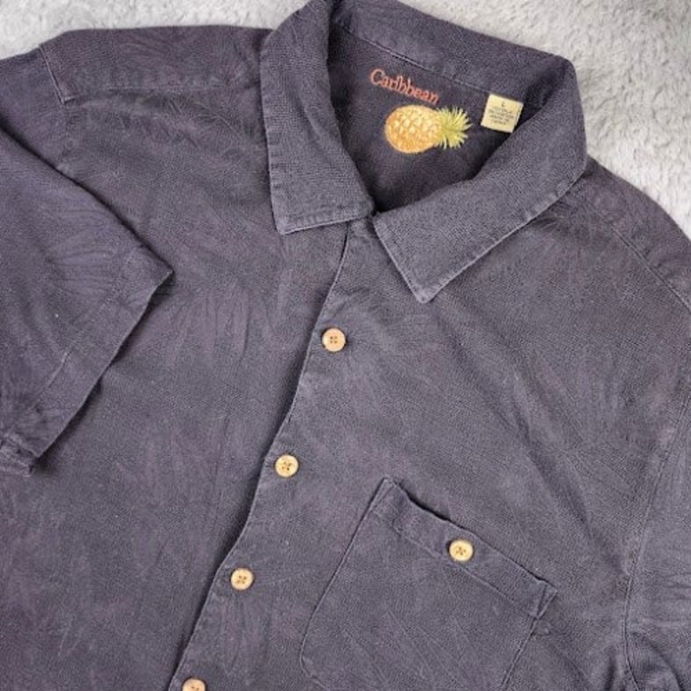 Caribbean Button Up Shirt Mens L Black Silk Blend Jacquard Tropical Camp Loop